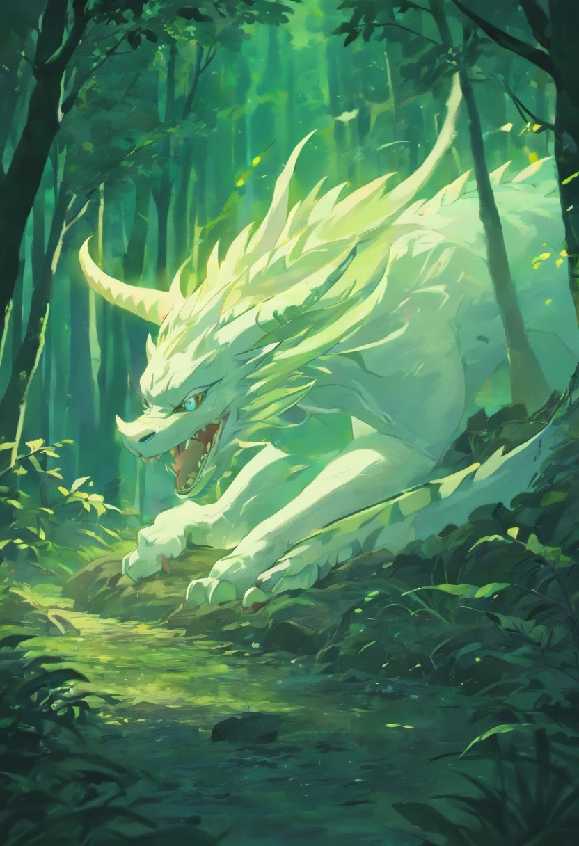 White dragon sleeping in the forest at night, com vagalumes voando