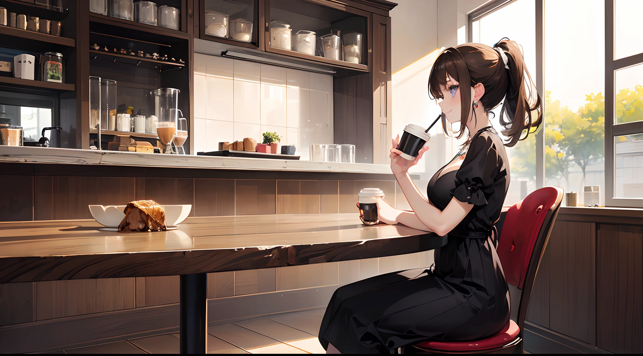 ((masterpiece)), ((best quality)), (ultra-detailed), ((kawaii)), cute, (lovely), ((extremely detailed)), 4K, (8K), best quality, (beautiful), anime style, face in profile, focus on the face, full body focus, cafe , ((drink a cup of coffee)), ((sitting on the chair in the cafe)), morning, a cute girl, 1girl, solo, one-piece dress, beautiful dark brown hair, beautiful purple eyes, ((beautiful eyes with highlights )), white-skinned, ponytail, transparent hair, translucent hair, large breast, cigarette, earrings, necklace, light smile