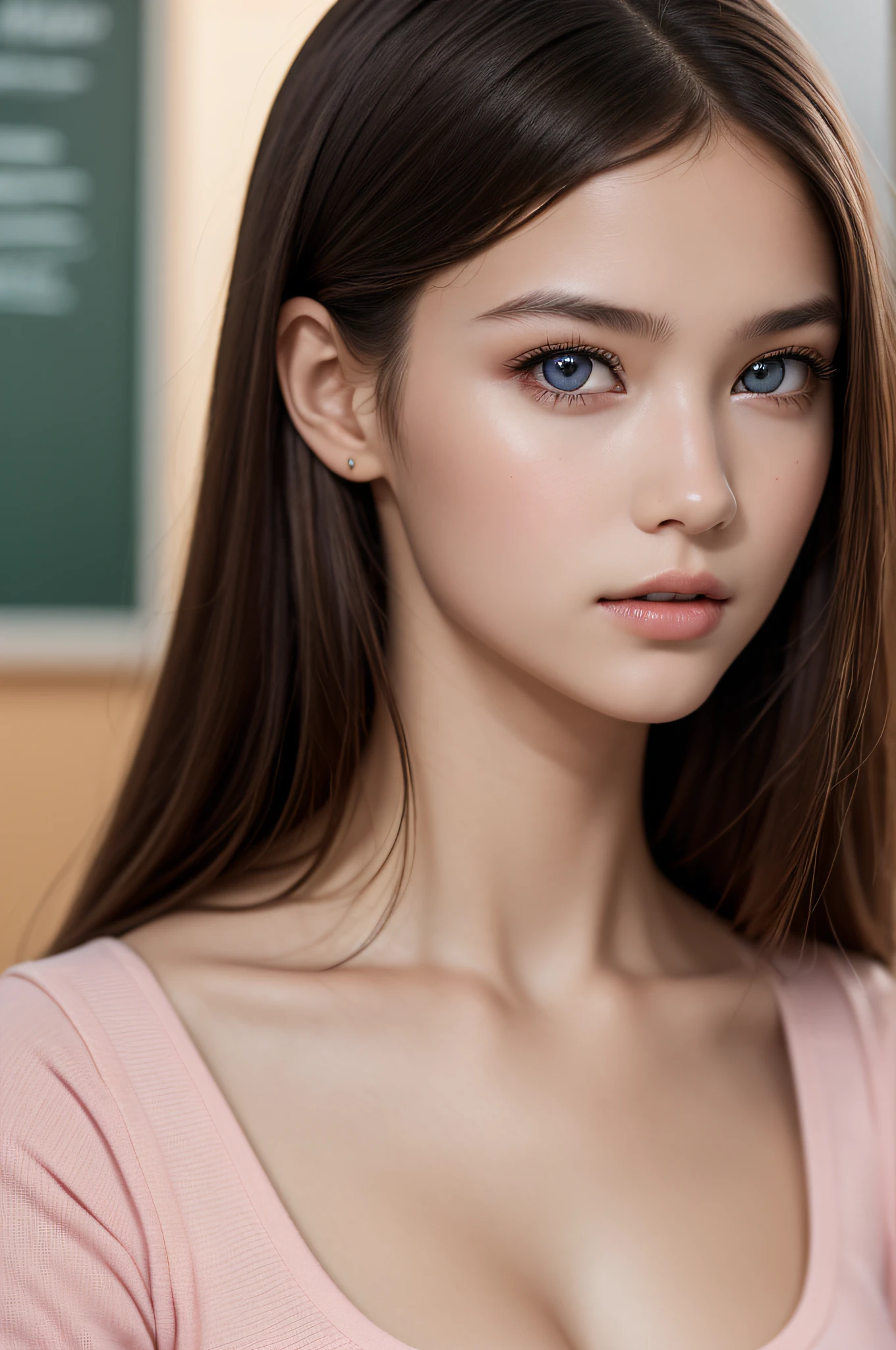 ((1girl in)), ((Best Quality)), (Ultra-detailed), (extremely detailed CG unified 8k wallpaper), Highly detailed, High-definition raw color photos, Professional Photography, Brown hair, Amazing face and eyes, Pink eyes, (amazingly beautiful girl), School, classroom,