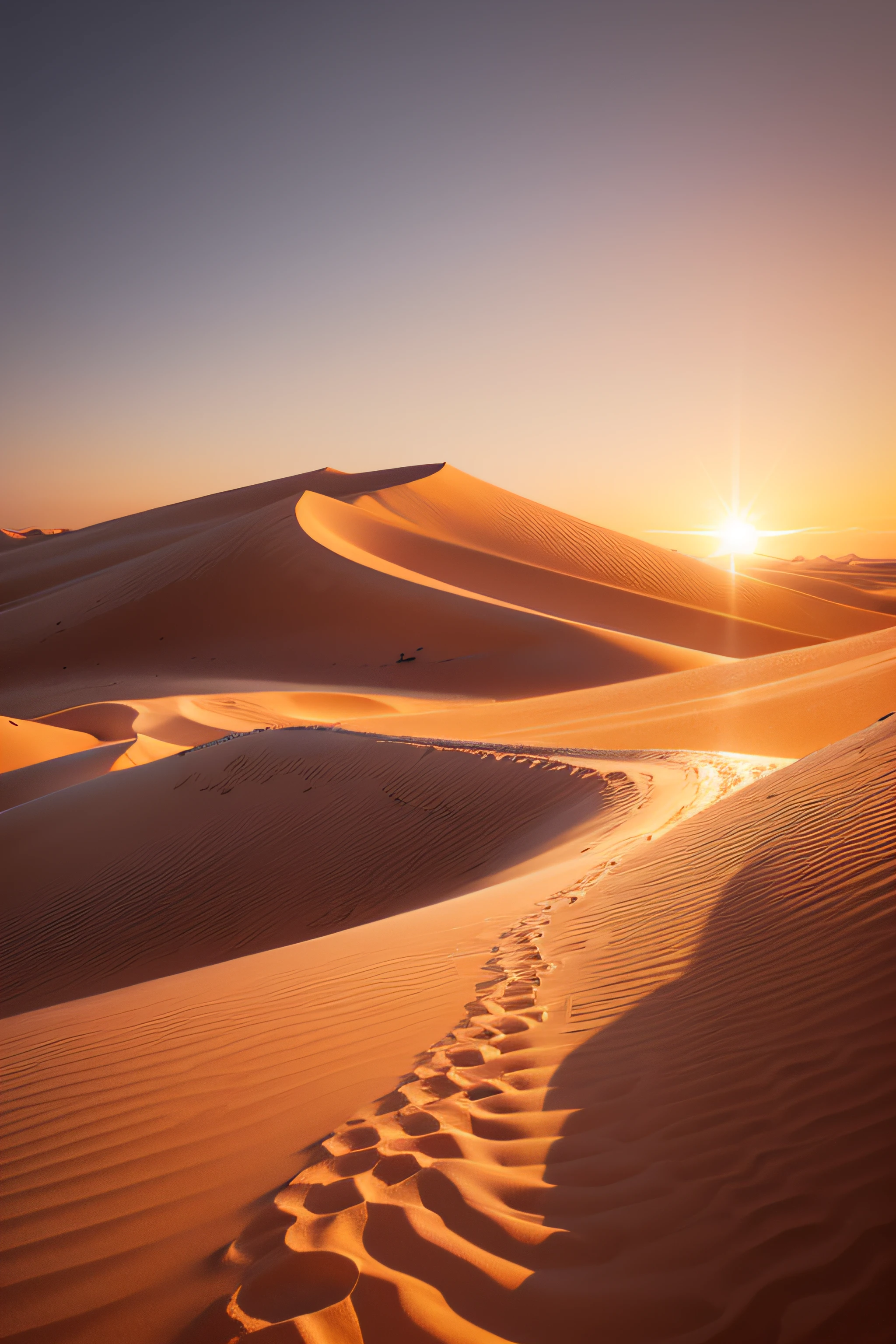 ultra-detalhado, Realistic, paisagem do deserto, sunset sand dunes, ethereal atmosphere, tempestade de areia ao longe