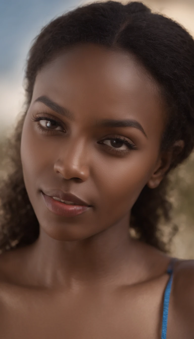 Create the image The image of a realistic black woman with a look of surprise and cheerful expression. Que tenha seios grandes e esteja vestindo um biquini vermelho ressaltando a sua sensualidade.Que tenha um corpo equilibrado e na imagem todo o seu corpo deve ser mostrado