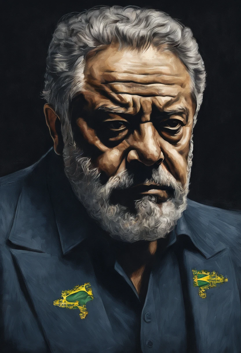 (a detailed portrait:1.1),(charismatic leader, determined expression, confident eyes),presidente lula brasil,(best quality,highres),oil painting,realistic,professional,rich colors,soft lighting,subtle brushstrokes,lush vegetation,traditional attire,strong facial features,white beard,long silver hair,powerful orator,energetic gestures,strong physique,contemplative background,blue sky and clouds,people cheering in the background,flag of Brazil,inspiring crowd,fingerprint of Lula on the painting,influential leader,historic moment,celebratory atmosphere