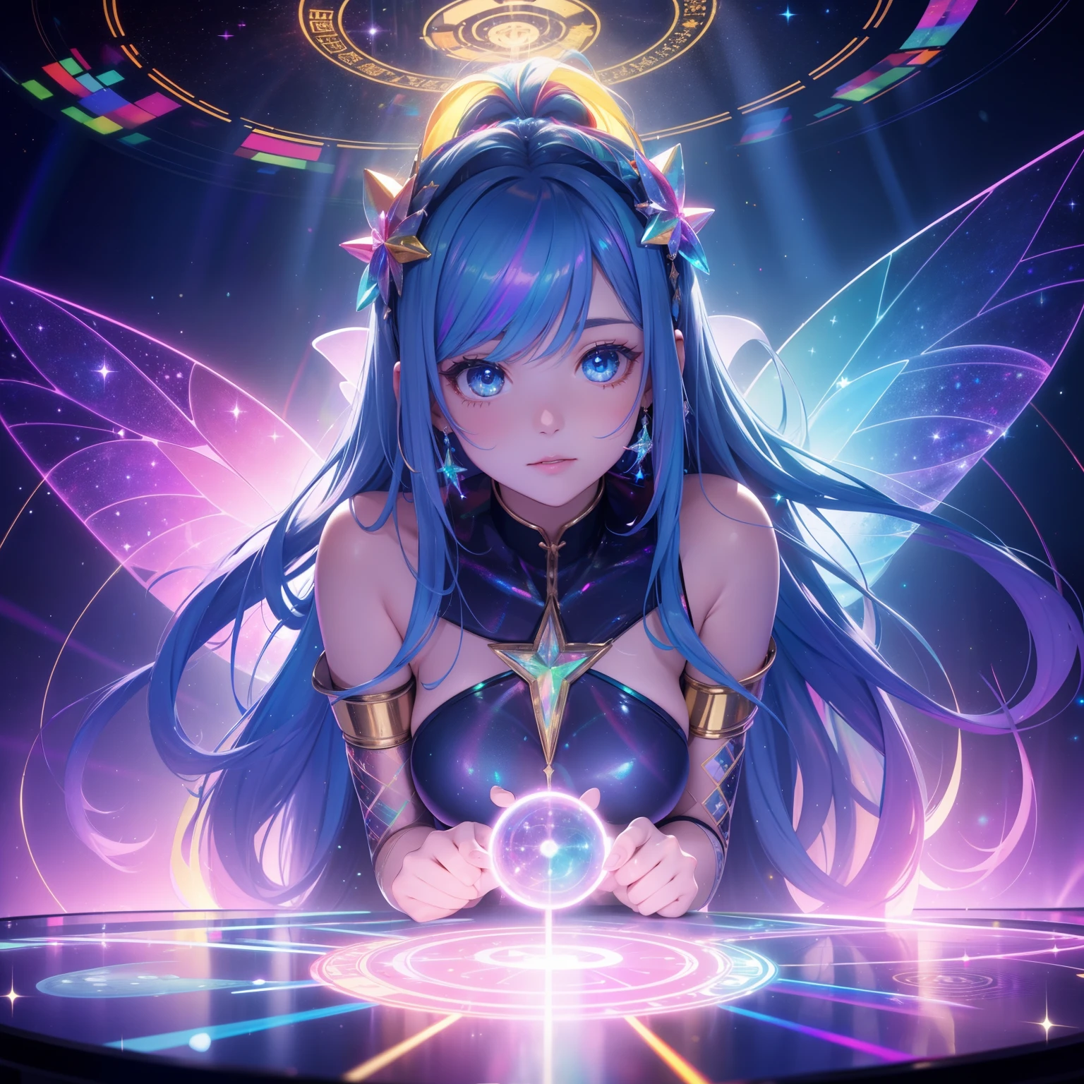 super high image, super detail, super high resolution, portrait, cute fairy, holofilm, translucent, iridescent, background fantasy, galaxy, magic circle, kaleidoscope, give off rainbow and gold neon light many lines radially from floor and ceiling, professional lighting