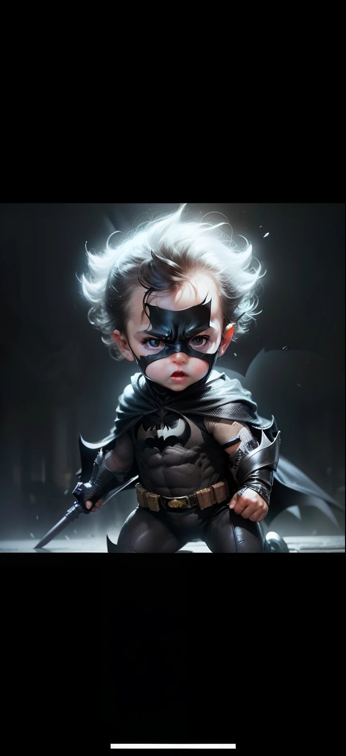 a  Batman, cute pose, very cute, detailed face, detailed fat body, detailed outfit (reality: 1.4), (A hyper-realistic), (high resolution), (8K), (highly detailed), ( Best Illustration), (detailed eyes), (ultra-detailliert), Bright lighting, Professional Lighting, The background is a dark city clouds and moon.