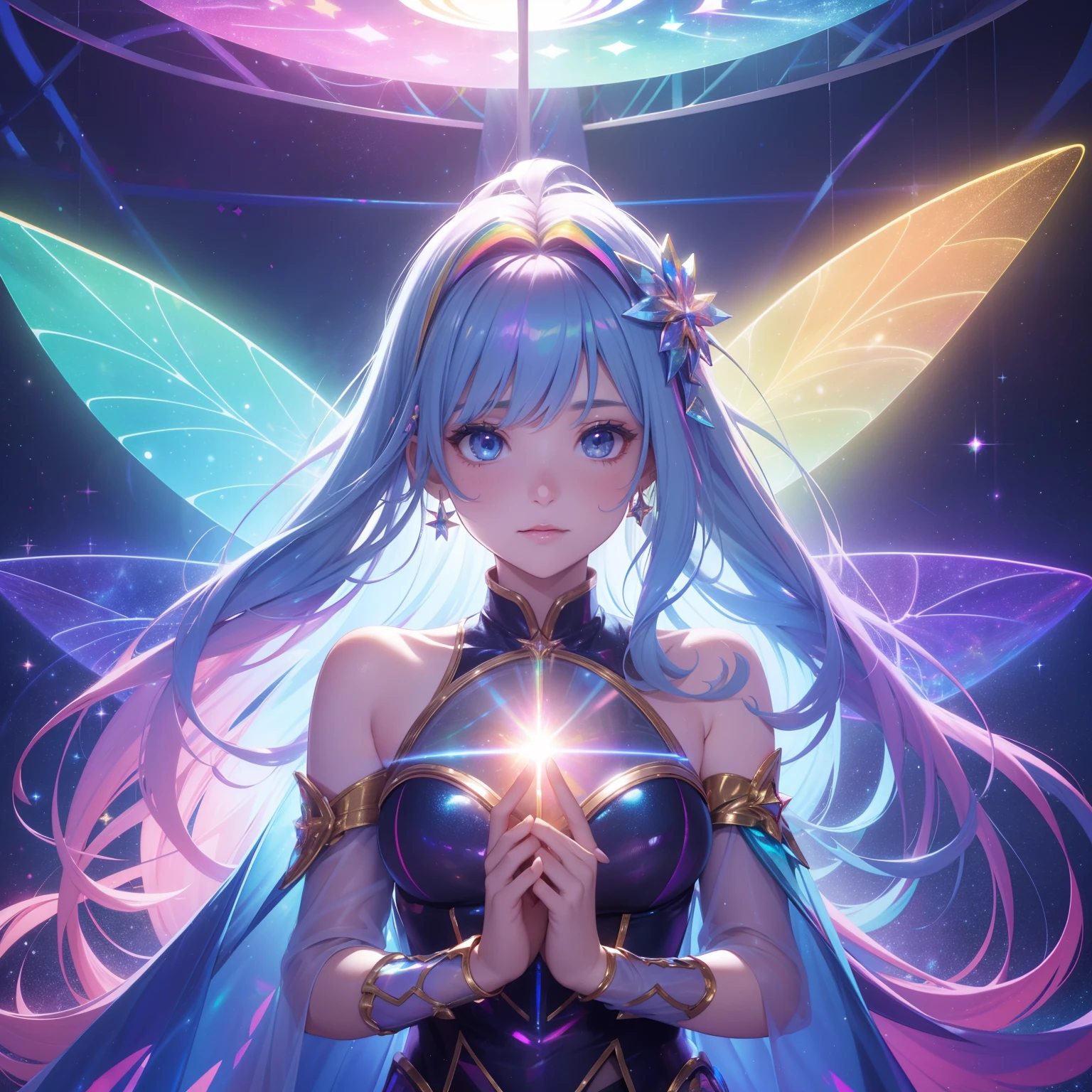 super high image, super detail, super high resolution, portrait, holograms, holofilm, translucent, iridescent, cute fairy, background fantasy, galaxy, magic circle, kaleidoscope, give off rainbow and gold neon light many lines radially from floor and ceiling, professional lighting