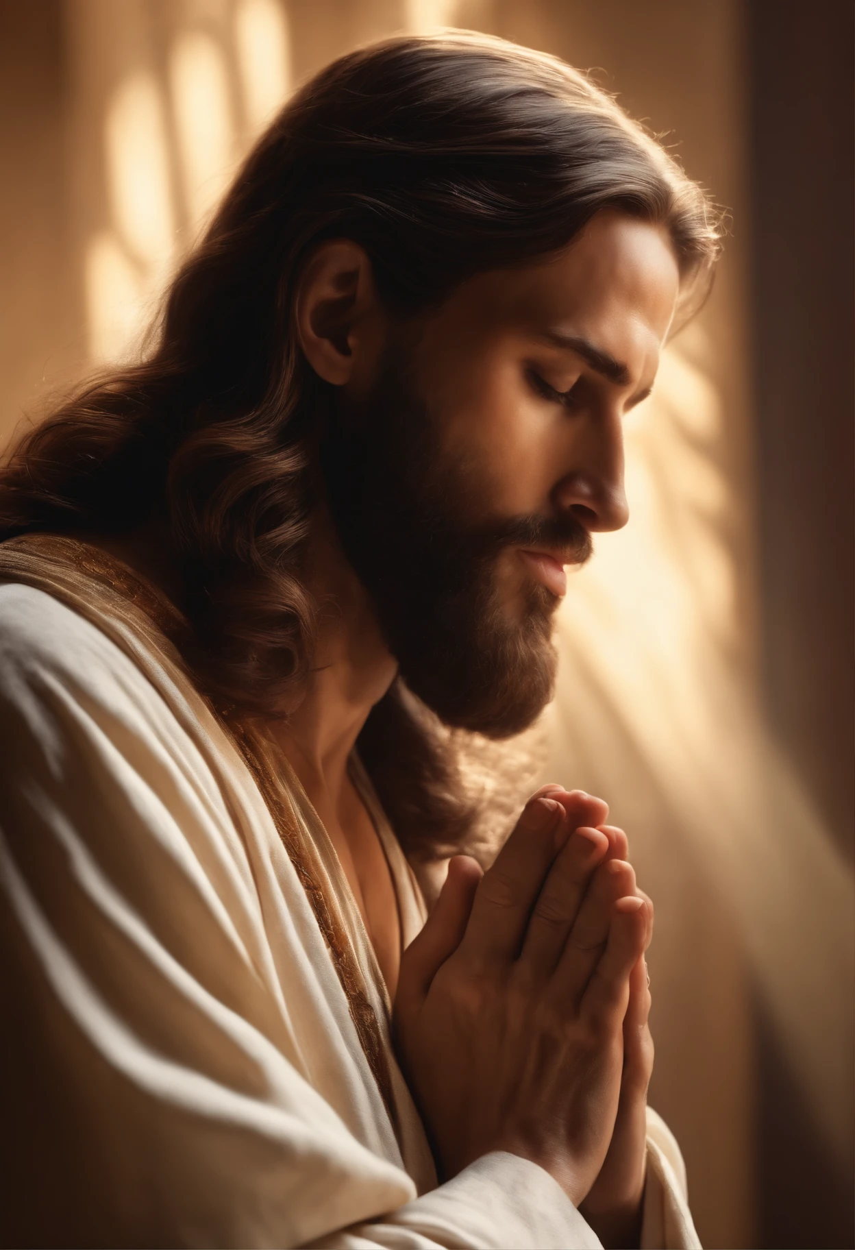 traditional image of Jesus Christ in profile with his hands together praying, realistic image, eyes closed, perfect hands, brown hair, cinematic lighting, cinematic lighting, god rays, from side, 8k, masterpiece, anatomically correct