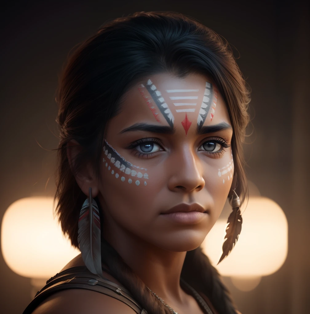 Create the image of dramatic American Indian lighting with face paint, digital art trending on Artstation 8k HD high definition detailed realistic, detallado, textura de la piel, hiper detallado, Textura de piel realista, armadura, mejor calidad, ultra-high-resolution, (fotorrealista:1.4), High resolution, detallado, foto RAW, sharp re, by lee jeffries nikon d850 film stock photography 4 kodak portra 400 camera f1.6 lens rich colors hyper realistic lifelike texture dramatic lighting unrealengine trending on artstation cinestill 800,