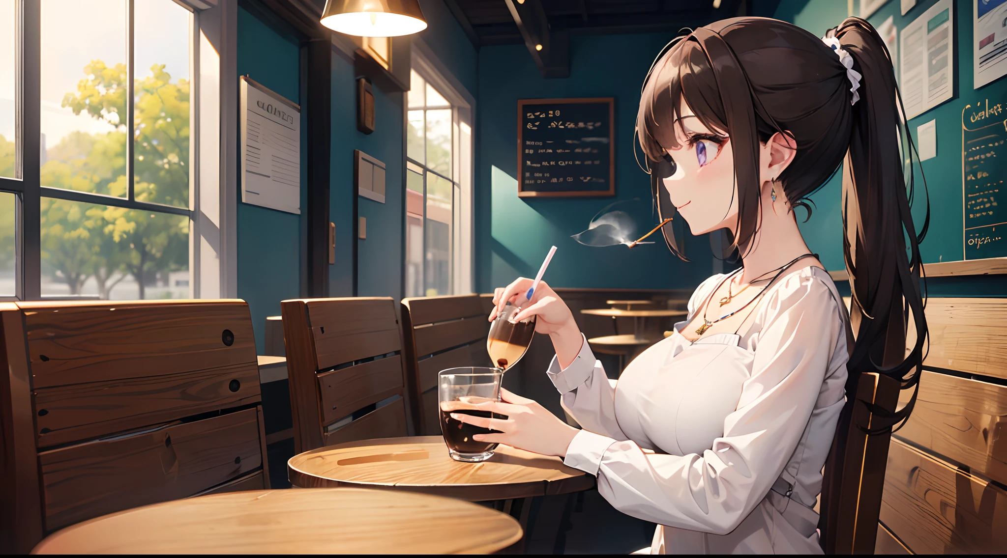 ((masterpiece)), ((best quality)), (ultra-detailed), ((kawaii)), cute, (lovely), ((extremely detailed)), 4K, (8K), best quality, (beautiful), anime style, face in profile, focus on the face, full body focus, cafe , ((drink a cup of coffee)), ((sitting on the chair in the cafe)), morning, a cute girl, 1girl, solo, one-piece dress, beautiful dark brown hair, beautiful purple eyes, ((beautiful eyes with highlights )), white-skinned, ponytail, transparent hair, translucent hair, large breast, cigarette, earrings, necklace, light smile