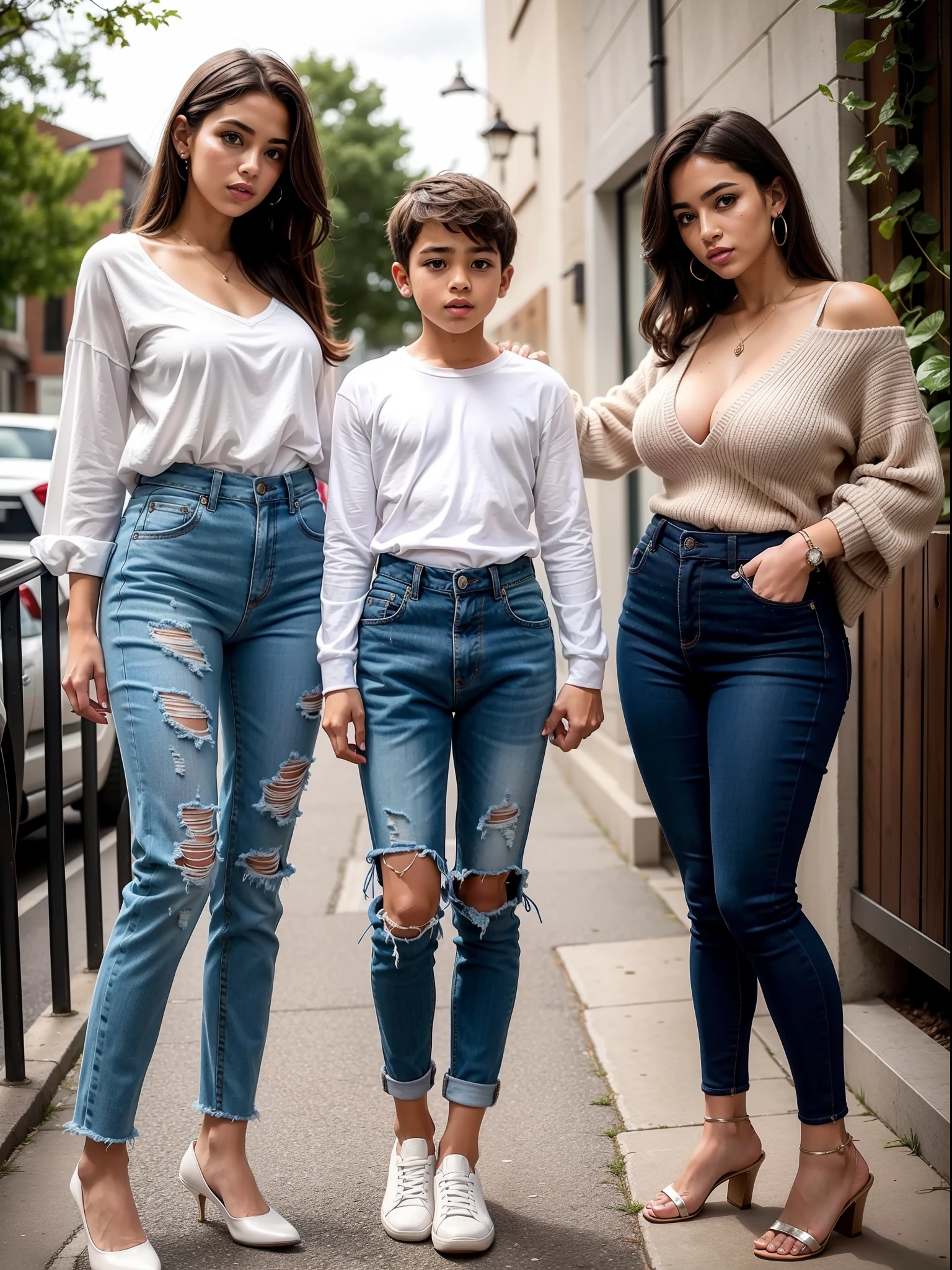 Mother and son and daughter. Revealing clothes. . Big lips cute feminine boy
