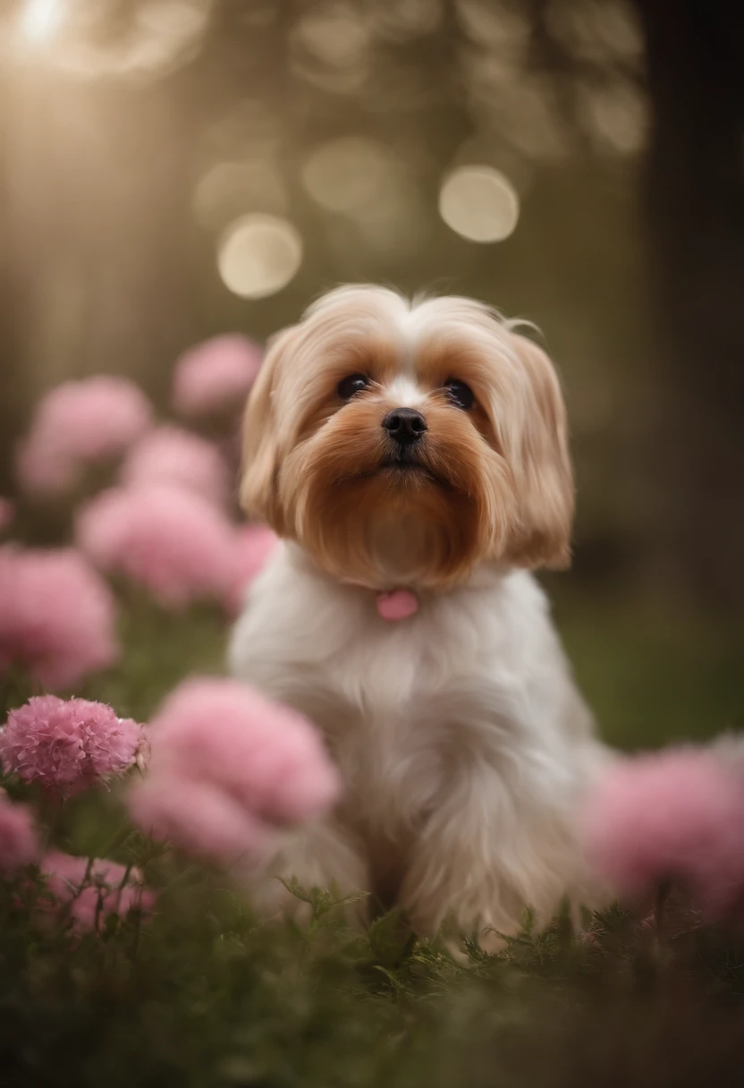 Crie um cao de 2kg, Golddust Yorkshire female breed, usando chapeu rosa e segurando um papel branco com as duas patas dianteiras