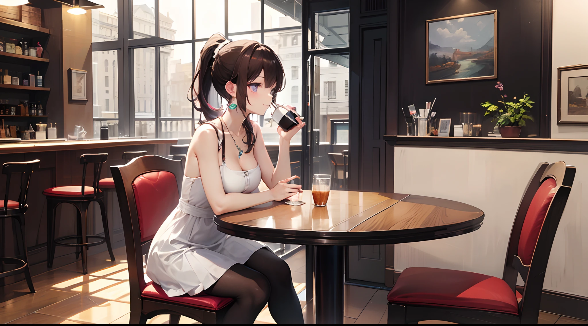 ((masterpiece)), ((best quality)), (ultra-detailed), ((kawaii)), cute, (lovely), ((extremely detailed)), 4K, (8K), best quality, (beautiful), anime style, face in profile, focus on the face, full body focus, cafe , ((drink a cup of coffee)), ((sitting on the chair in the cafe)), morning, a cute girl, 1girl, solo, one-piece dress, beautiful dark brown hair, beautiful purple eyes, ((beautiful eyes with highlights )), white-skinned, ponytail, transparent hair, translucent hair, large breast, cigarette, earrings, necklace, light smile