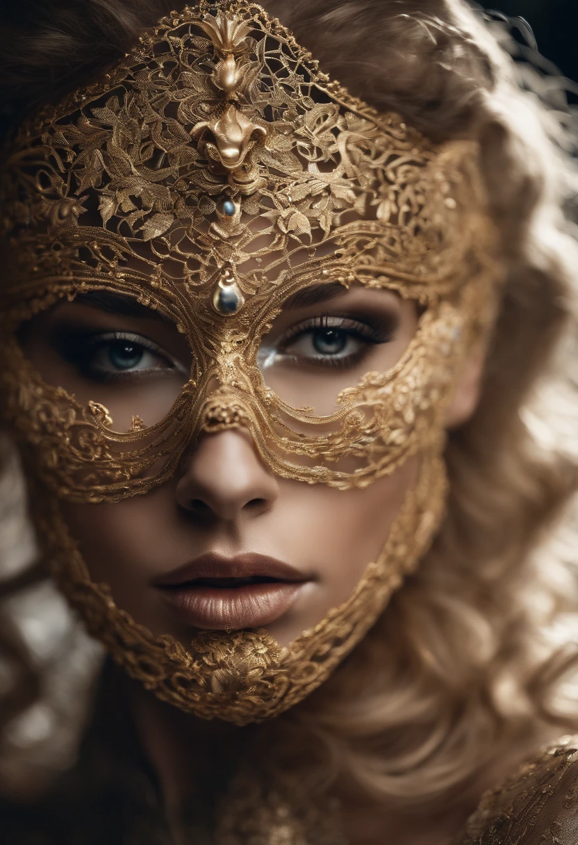Supermodel with detailed curly curly flowing long hair, wearing golden (translucent and intricately embroidered) (Metal surgical mesh mask) covering face, ((Blurred mouth)), Dress in weird futuristic fashion,  luxurious and intricate golden accents, Cinematography, intricately details, Crafted, Meticulous, Magnificent, max details, extremely hyper aesthetic, Bokeh, professional photoshooting
