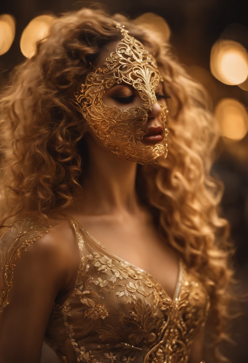 Supermodel with detailed curly curly flowing long hair, wearing golden (translucent and intricately embroidered) (Metal surgical mesh mask) covering face, ((Blurred mouth)), Dress in weird futuristic fashion, luxurious and intricate golden accents, Cinematography, intricately details, Crafted, Meticulous, Magnificent, max details, extremely hyper aesthetic, Bokeh, professional photoshooting