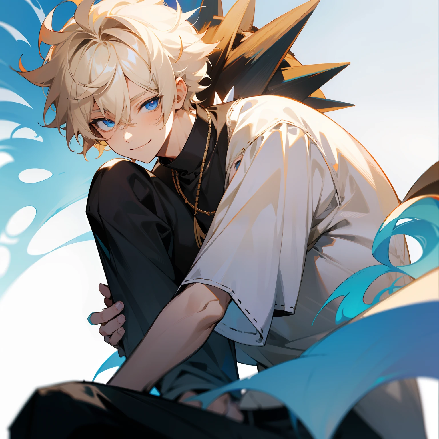 Whitish blonde hair , Loose fitting Hawaiian shirt and black pants loose , sandals , blue eyes , smiling face , 1male , lean build , spiky hair , messy hair , short hair , mature face