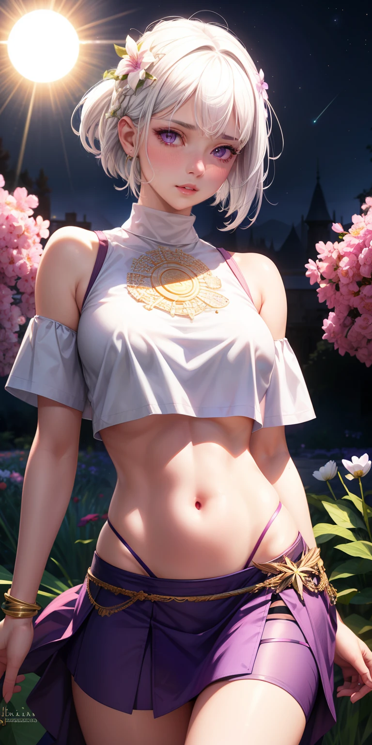 realistic, 1girl, white hair, purple eyes, glowing eyes, crop top, skirt, parted lips, blush, night, flowers, sun, sunlight,