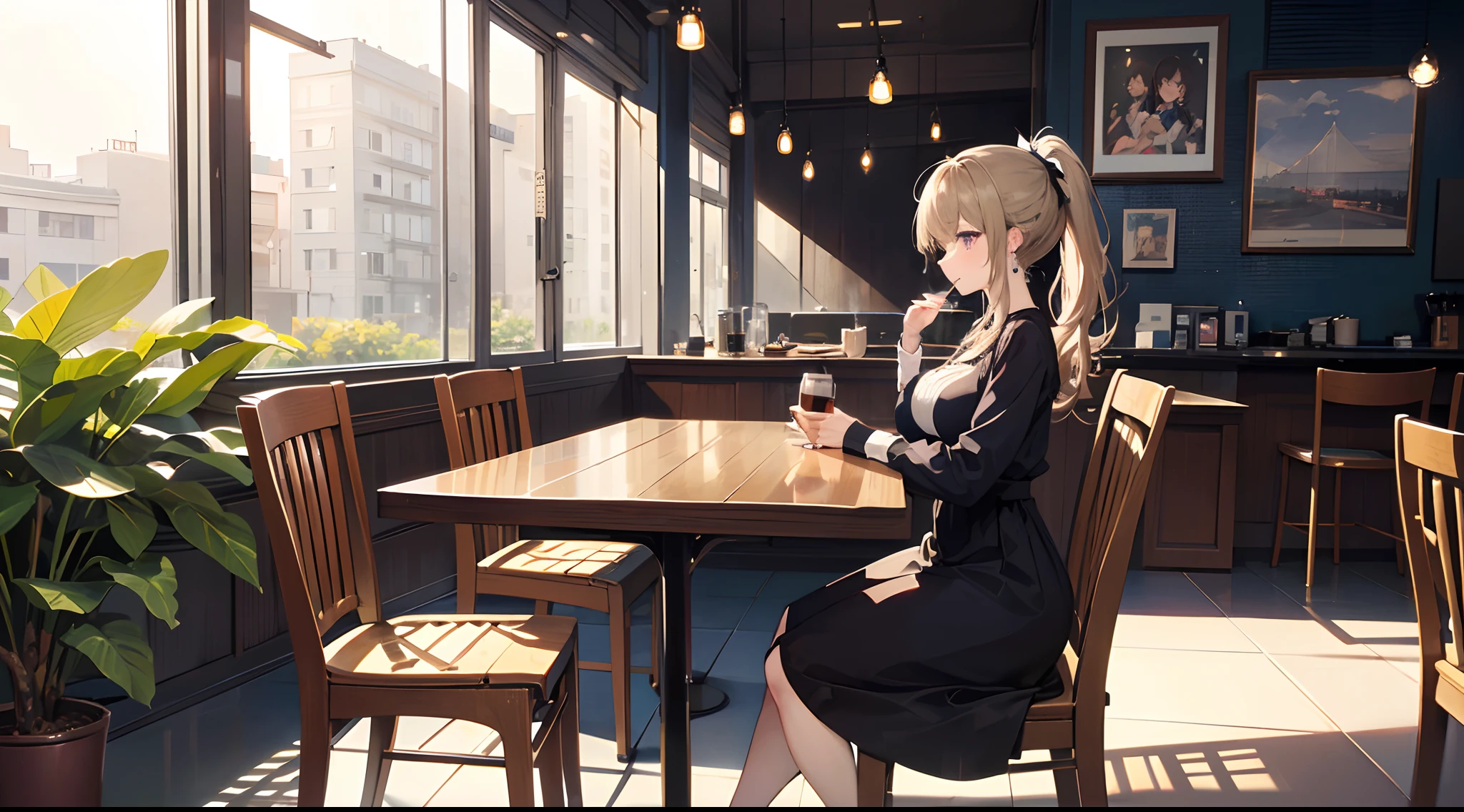 ((masterpiece)), ((best quality)), (ultra-detailed), ((kawaii)), cute, (lovely), ((extremely detailed)), 4K, (8K), best quality, (beautiful), anime style, face in profile, focus on the face, full body focus, cafe , ((drink a cup of coffee)), ((sitting on the chair in the cafe)), morning, a cute girl, 1girl, solo, one-piece dress, beautiful light brown hair, beautiful purple eyes, ((beautiful eyes with highlights )), white-skinned, ponytail, transparent hair, translucent hair, large breast, cigarette, earrings, necklace, light smile