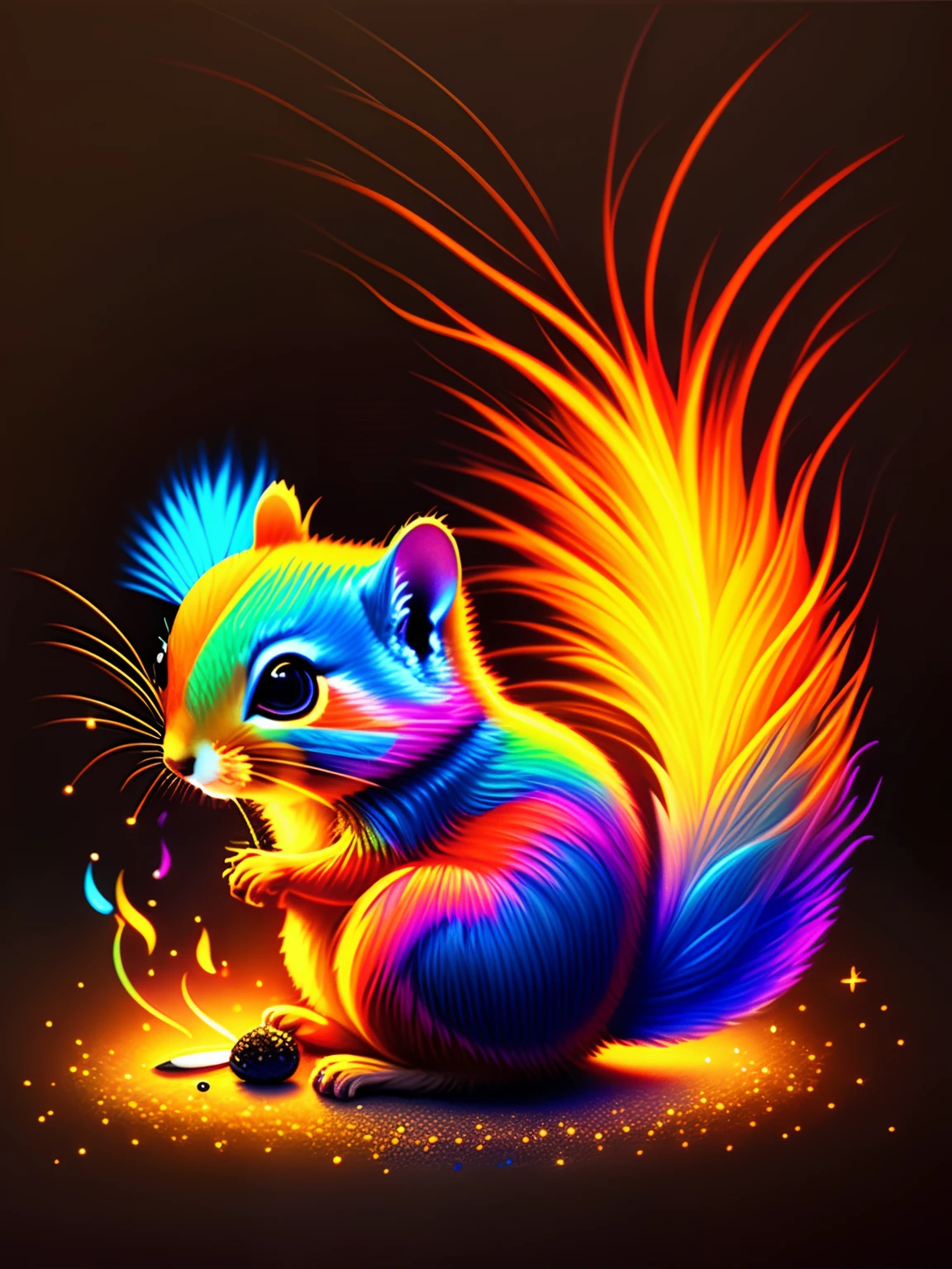 a painting of a colorful squirrel on a black background,, breathtaking rendering, within a radiant connection, inspired by Kinuko Y. Craft,, magical elements, kitten icon, wow, is beautiful, casting a multi colorful spell, bright flash, flash