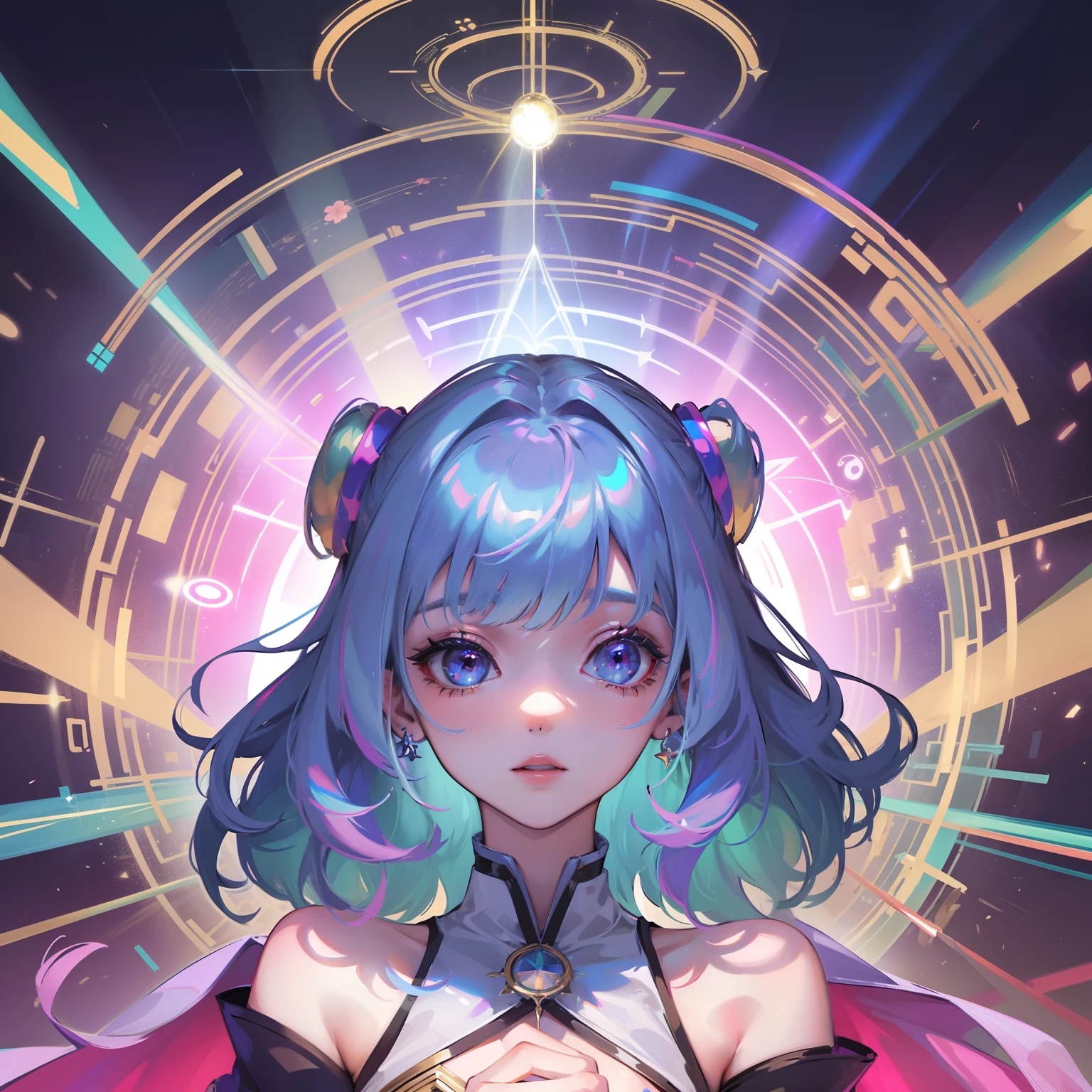 super high image, super detail, super high resolution, portrait, holograms, holofilm, translucent, iridescent, cute fairy, background fantasy, galaxy, magic circle, kaleidoscope, give off rainbow and gold neon light many lines radially from floor and ceiling, professional lighting
