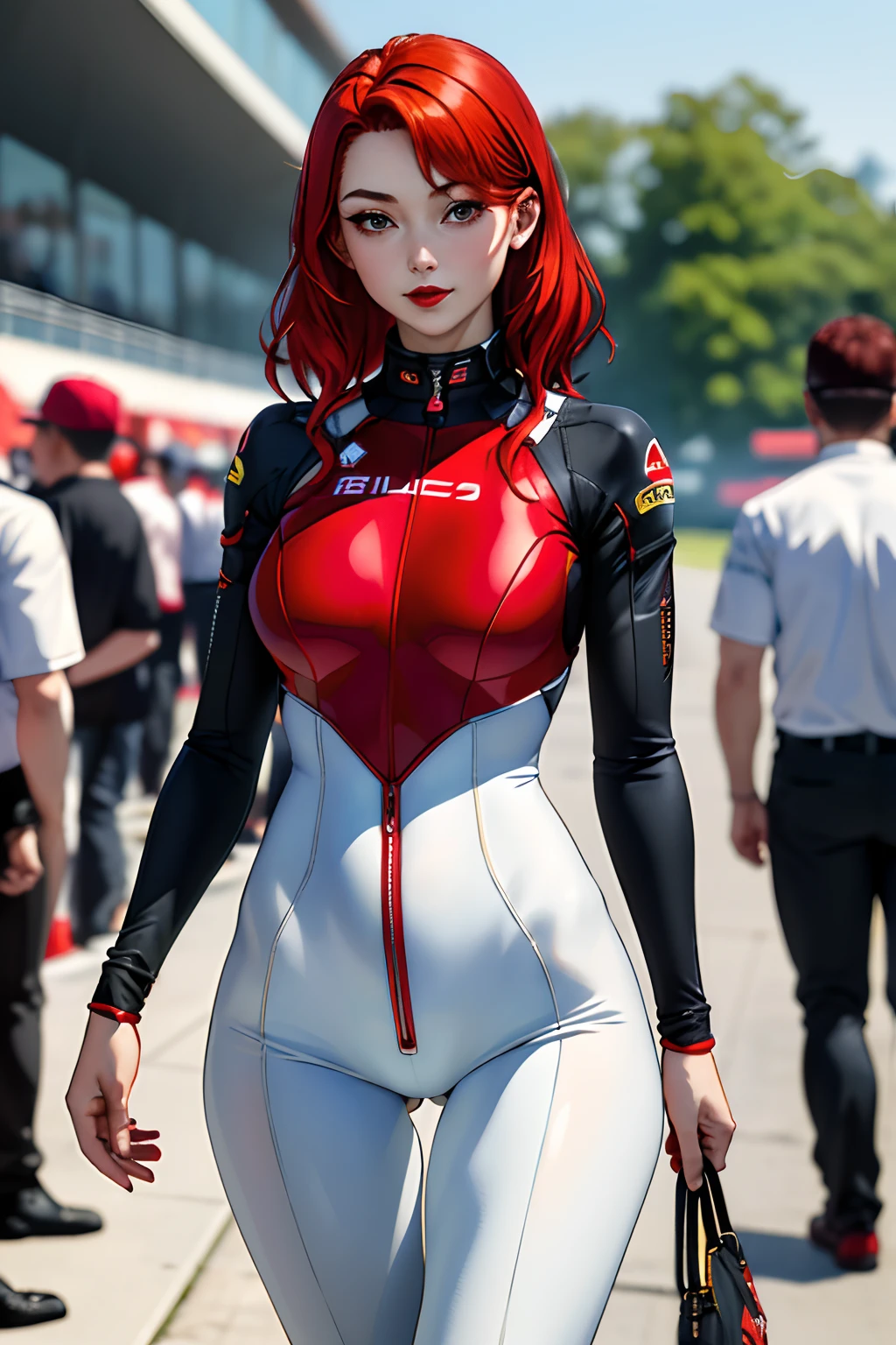 (​masterpiece:1.4)、(top-quality:1.4)、
1girl in, F1's bewitching grid girl, Red-haired, looking at the viewers, 独奏 ,realisitic,(shinny skin),(​masterpiece:1.4),(top-quality:1.4),red-lips、racing venue, bodysuit, thigh gap, perfect hands