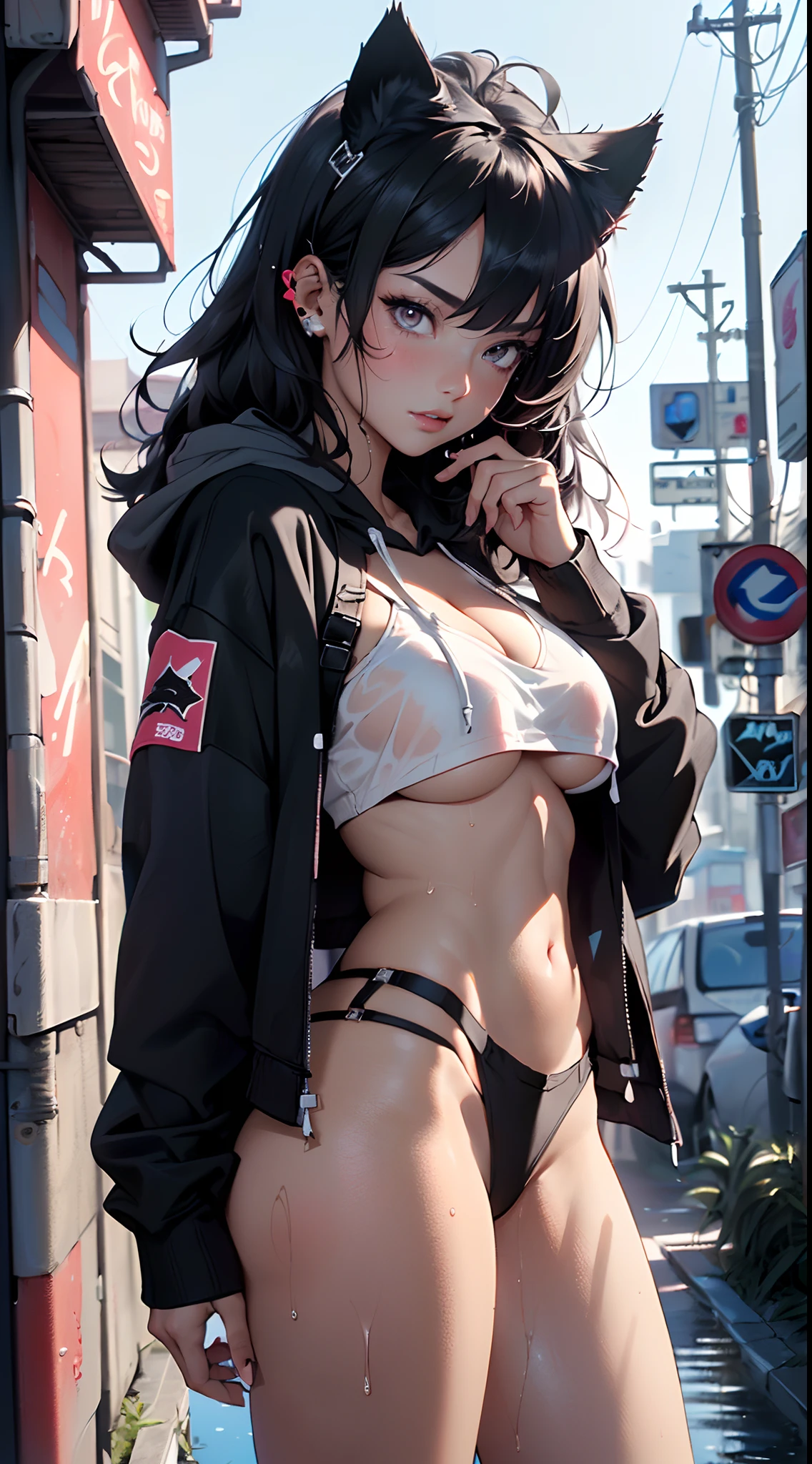 girl spacepunk,(((1girl))),((beautiful girl with cute cat ears)),
(large breasts:1.4),saggy breasts,((black hair,black messy hair,colored inner hair,long hair:1.5,absurdly long unkempt hair:1.35,long black hair,ear breathing,intricate cut hair)),((((cat ears,cat ears on head,big cat ears)))),(((eyes pink:1.3))),intricate eyes,beautiful detailed eyes,symmetrical eyes,((fat)),(((lustrous skin:1.5,bright skin: 1.5,skin tanned,shiny skin,very shiny skin,shiny body,plastic glitter skin,exaggerated shiny skin,illuminated skin,wet legs))),(spider lower abdomen,narrow waist,wide hip,athletic body,inflated legs,delicate detailed fingers,detailed body,human hands,(detailed face)),
cute,slutty,seductive,erotic,(((nsfw))),
(graffiti art in clothes),zettai ryouiki,revealing clothing,show skin,((((underboob)))),((cleavage)),(semi-naked,with little clothing,((tiny thong, armor thong intricate)),large sport socks,visible thong straps,no bra),((((crop top hoodie,cropped hoodie,hoodie,hoodie intricate)))),(((wet clothes,intricate outfit,intricate clothes))),
(dynamic pose:1.0),solo focus,embarrassed,(centered,scale to fit dimensions,Rule of thirds),
cyberpunk city by the ocean at night, with bright neon signs and dark stormy clouds and puddles, scenery:1.25,
artistic photography,(photography taken by sldr),highres, sharp focus, (ultra detailed, extremely detailed), (photorealistic artwork:1.37),(extremely detailed CG unity 8k wallpaper),((synthwave background theme)),(((vibrant colors))),(intricate background),(masterpiece),(best quality),