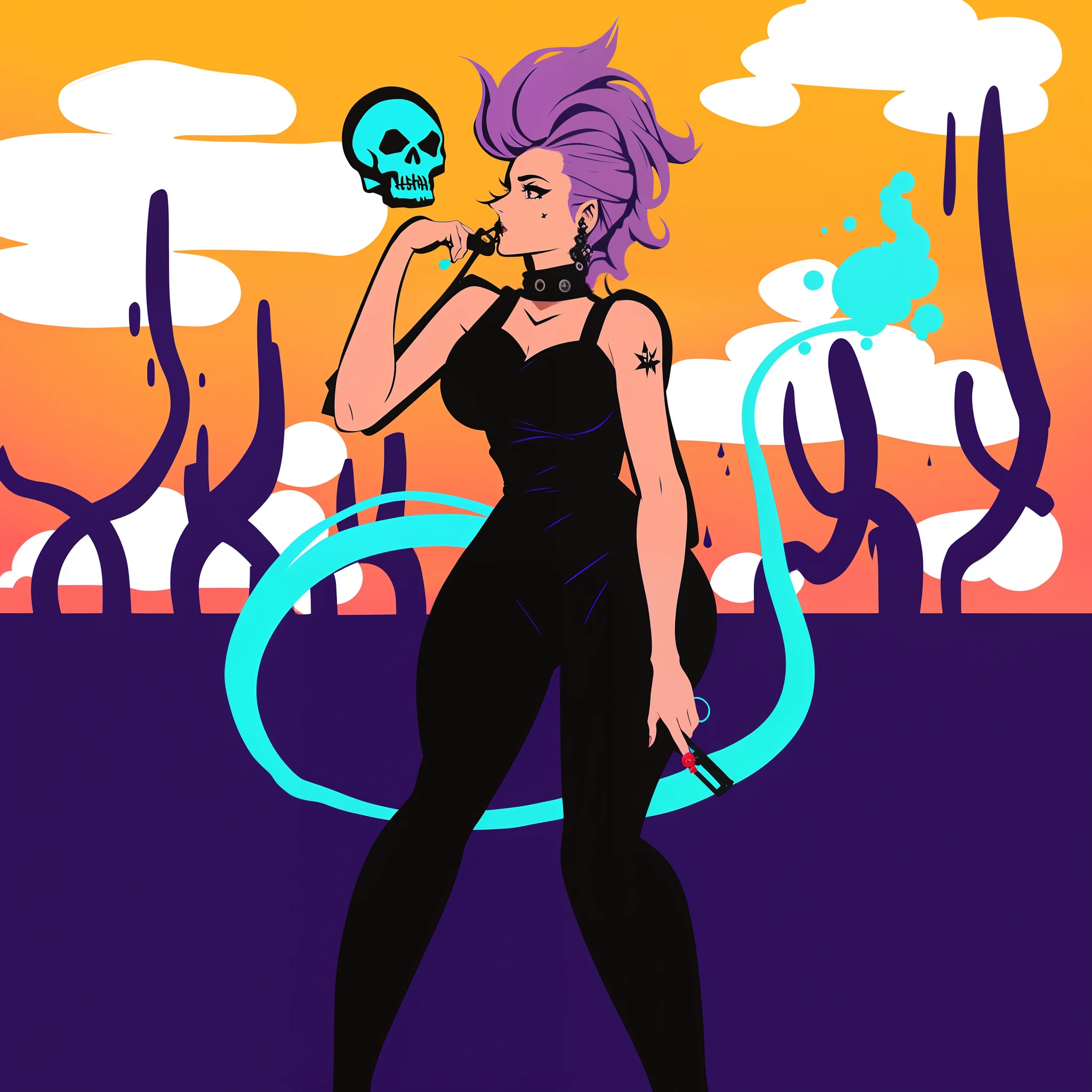 desenho animado de uma mulher em um vestido preto segurando uma caveira, morte feminina segurando um coquetel, Ciborgue sereia com um chicote laser, Inspirado em Loish, [ estilo de arte synthwave ]!! ]!!, bubble goth, [ estilo de arte synthwave ]!!, evil princess of the wasteland,  necromante ciborgue santa, estilo de arte desconhecido, skulls at her hips