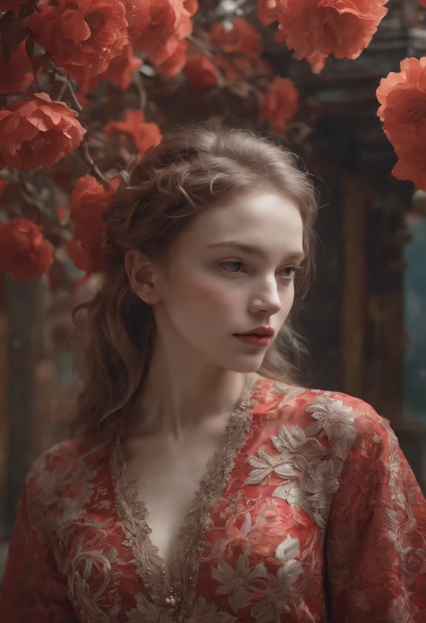 official art, unity 8k wallpaper, ultra detailed, beautiful and aesthetic, masterpiece, best quality, (zentangle, mandala, tangle, entangle), (fractal art:1.3) , 1girl, red flowers,  extremely detailed, dynamic angle, cowboyshot, the most beautiful form of chaos, elegant, a brutalist designed, vivid colours, romanticism, by james jean, roby dwi antono, ross tran, francis bacon, michal mraz, adrian ghenie, petra cortright, gerhard richter, takato yamamoto, ashley wood, atmospheric