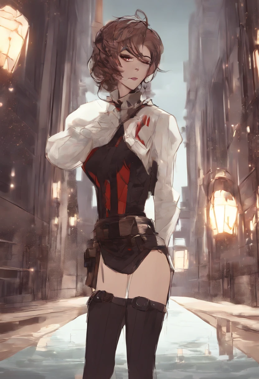 (Masterpiece, Beautiful, A high resolution), illustration, 1girll, Solo, (((Cartoon style: 1))), (western cartoon), Horned demon girl, Portrait, Smiling, Short hair in black anime, Cute, Pink lips, Red eyes, Young person, cyberpunk streetwear, Rainy sky, Cityscape, Red-toned skin, view the viewer, Bright colors, Daytime, ((frontage: 3)), Closed mouth, thick lineart: 0.6, Red eye, green-eyed, Smug, Slender eyes