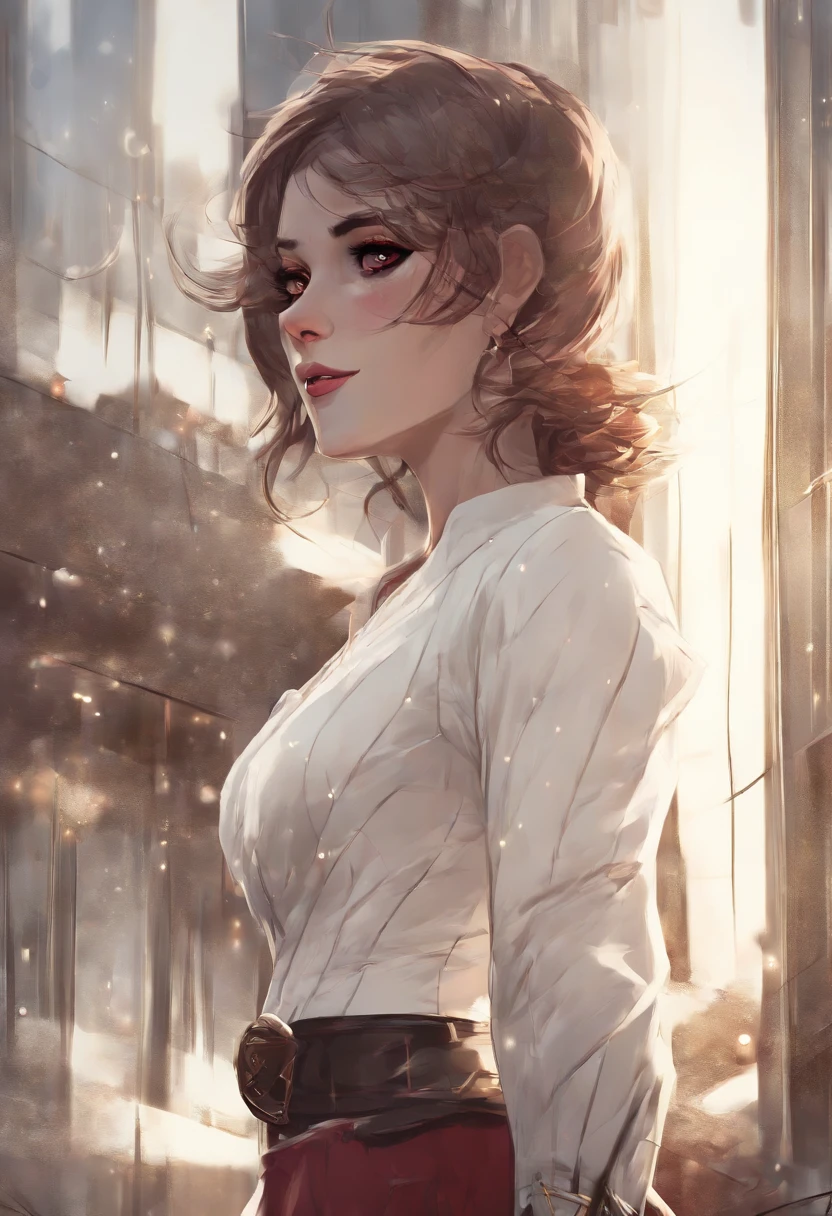 (Masterpiece, Beautiful, A high resolution), illustration, 1girll, Solo, (((Cartoon style: 1))), (western cartoon), Horned demon girl, Portrait, Smiling, Short hair in black anime, Cute, Pink lips, Red eyes, Young person, cyberpunk streetwear, Rainy sky, Cityscape, Red-toned skin, view the viewer, Bright colors, Daytime, ((frontage: 3)), Closed mouth, thick lineart: 0.6, Red eye, green-eyed, Smug, Slender eyes