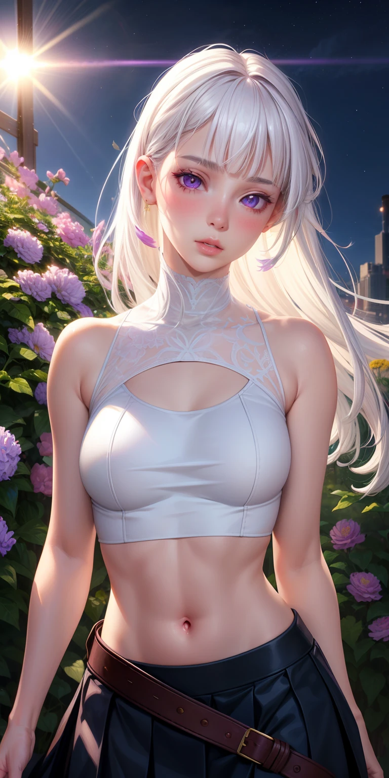 realistic, 1girl, white hair, purple eyes, glowing eyes, crop top, skirt, parted lips, blush, night, flowers, sun, sunlight,