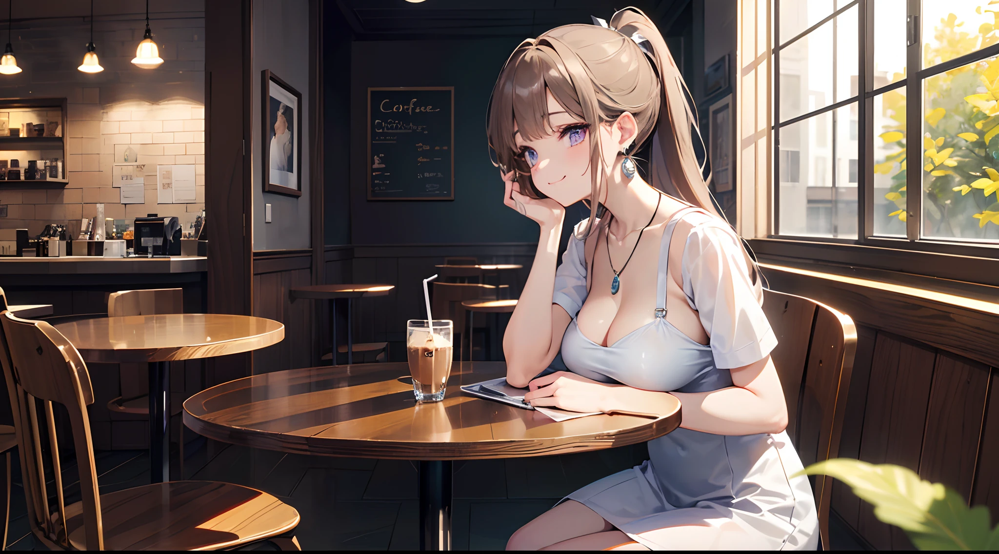 ((masterpiece)), ((best quality)), (ultra-detailed), ((kawaii)), cute, (lovely), ((extremely detailed)), 4K, (8K), best quality, (beautiful), anime style, face in profile, focus on the face, full body focus, cafe , ((drink a cup of coffee)), ((sitting on the chair in the cafe)), morning, a cute girl, 1girl, solo, one-piece dress, beautiful light brown hair, beautiful purple eyes, ((beautiful eyes with highlights )), white-skinned, ponytail, transparent hair, translucent hair, large breast, cigarette, earrings, necklace, light smile