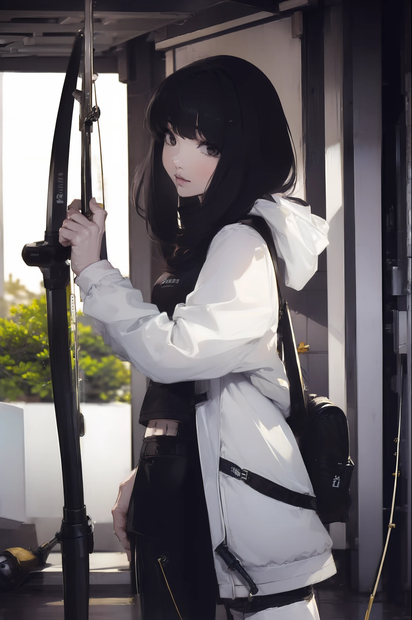 ((((Have a fishing rod with a reel:1.5)))),((Female 28 years old)),((Best Quality:1.5)),(((Fine fingers、Ratio 4 fingers and 1 thumb,detailed arms,detailed human hands))),(((Hands with the correct number and structure of fingers:1.4))),((Lakeside:1.37)),hight resolution,ultra-detailliert,masterpiece,best qualtiy,(Eight-headed body),(1 fishing rod,Holding a fishing rod in your hand,Fishing lure rod,Fishing Reel,with long sleeve hood,Outdoor Vest,parka,Long pants for fishing,Big backpack),thin and long legs,Beautiful hip line,Beautiful spine,constricted back,Toned waist,beutiful breast),,Gentle smile,shiny lip,(1 fishing rod,Straight stretch fishing rod,Long fishing rod,Woman fishing with fishing rod in hand),Black hair, long eyeslashes, Solid Circle Eyes, drop shadow, Atmospheric perspective,Super Detail, ccurate, small brest,top-quality, blurry backround, bokeh dof:1.2, (masterpiece:1.3), Atmospheric perspective,Super Detail,dynamic compositions, Ultra High Quality,