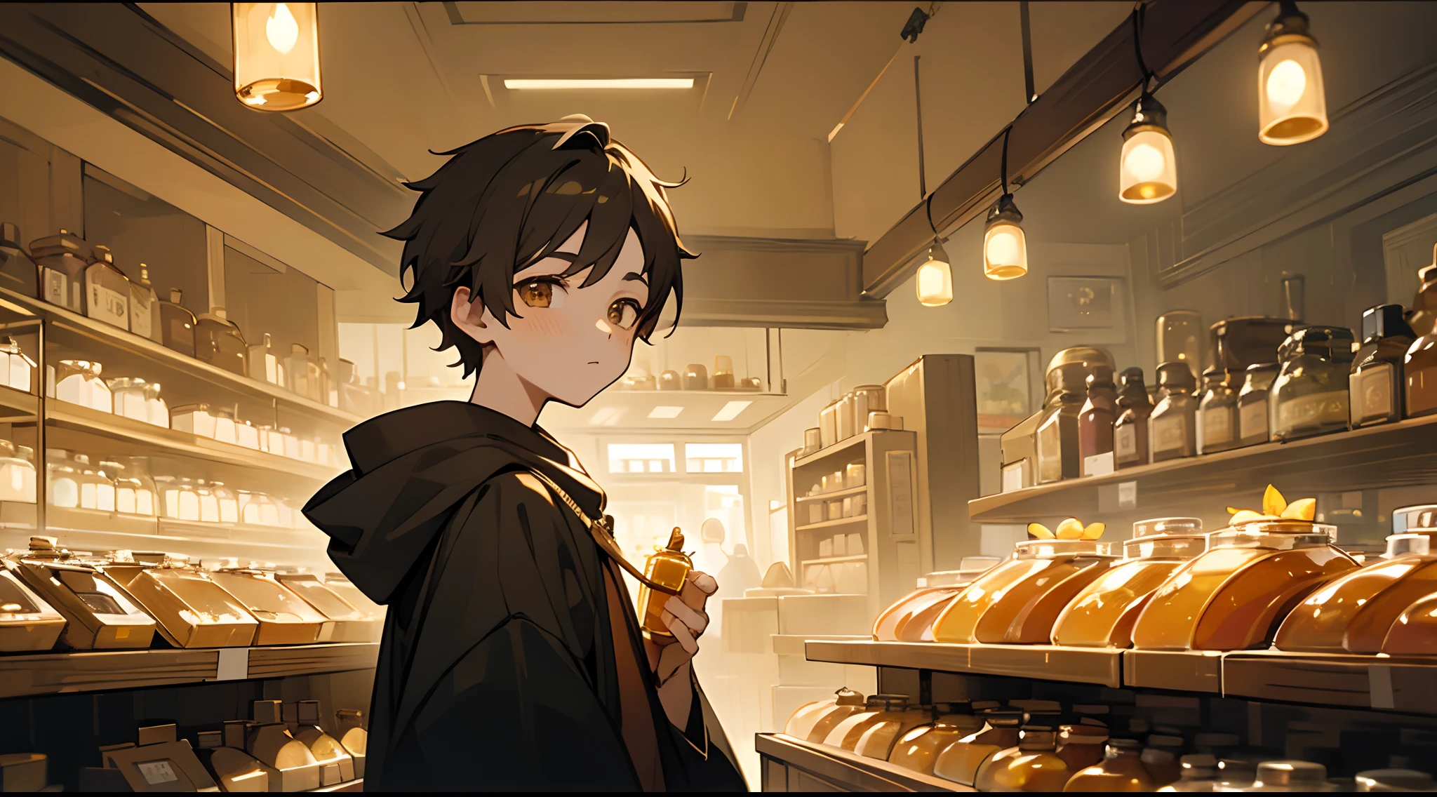 masterpiece, best quality, high quality, ((younger boy)), peasant, adventurer, ((honey eyes)), in a store, night, Sparse light, immersive image, anime