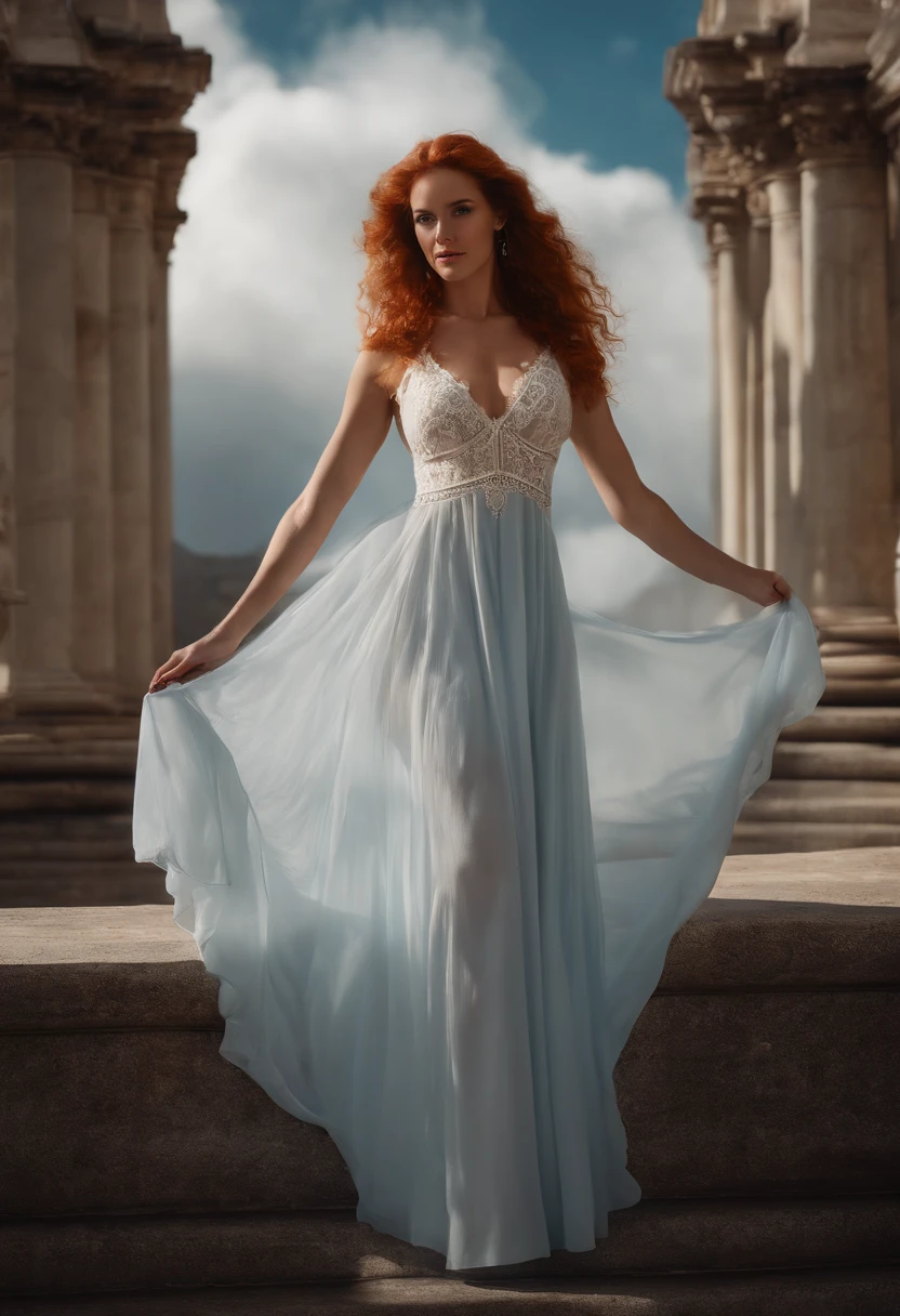 Masterpiece, (((full figure supermodel nipslip))) entire body in frame, (((magical lighting action shot))) (((beautiful fit pale smiling goddess Irish woman standing on marble surrounded by clouds in heaven vast fantasy landscape))), (((white lace mesh exotic intricate heavenly dress side boobs hanging out, porny, looking into the camera))) , ((( redhead hair, accurate hands accurate eyes))) moody lighting, blue hour, blue colors, very detailed, dramatic lighting, digital art trending on Artstation 8k HD high definition detailed realistic, detailed, skin texture, hyper detailed, realistic skin texture, armature, best quality, ultra high res, (photorealistic:1.4), high resolution, detailed, raw photo, sharp re, nikon d850 film stock photograph 4 kodak portra 400 camera f1.6 lens rich colors hyper realistic lifelike texture dramatic lighting unrealengine trending on artstation cinestill 800, (((accurate female anatomy, perfect eyes))) (((500px, fstoppers, photosight.ru, iso noise)))