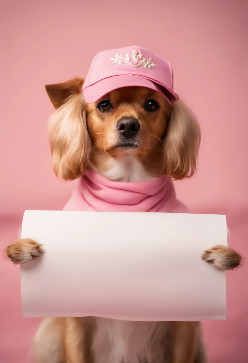 Make a 1kg female Golddust Yorkshire dog, wearing a pink embroidered hat and holding a large paper in front of her body, with both front paws