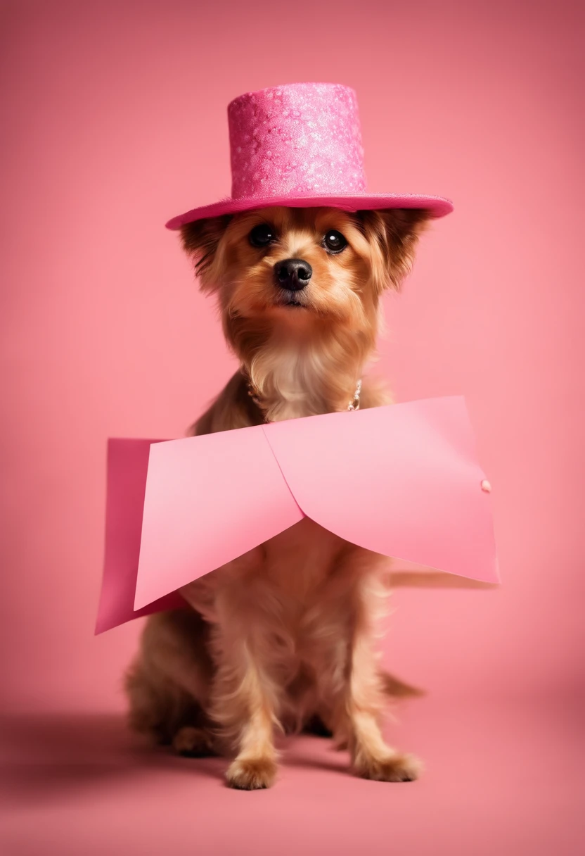 Make a 1kg female Golddust Yorkshire dog, wearing a pink embroidered hat and holding a large paper in front of her body, with both front paws