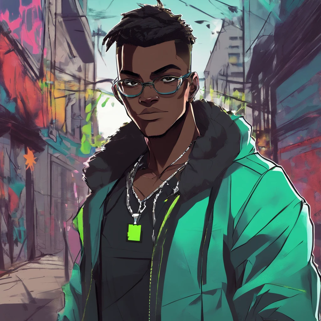 dark skin teenager wearing half rimmed glasses, wore an unzipped, bright green jacket with a closed pocket flap on each side. Black designer shirt, and a cross necklace. trigger anime artstyle, [[[[grinning smugly]]]], portrait of ((mischievous)), , male anime character, young anime man, inspired by Miguel from Tekken, tall anime guy with steel blue eyes, fingerless gloves, surban streets with graffiti on the walls, Hi-top fade