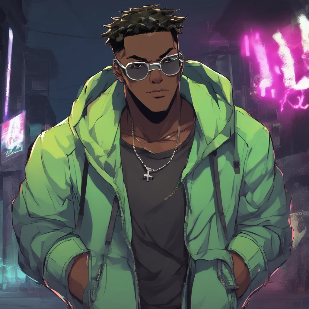 dark skin ager wearing half rimmed glasses, wore an unzipped, bright green jacket with a closed pocket flap on each side. Black designer shirt, and a cross necklace. trigger anime artstyle, [[[[grinning smugly]]]], portrait of ((mischievous)), , male anime character, young anime man, inspired by Miguel from Tekken, tall anime guy with steel blue eyes, fingerless gloves, surban streets with graffiti on the walls, Hi-top fade