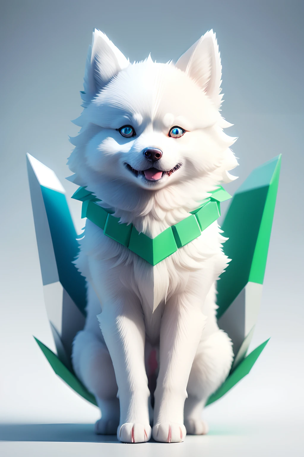 all white Chibi pomeranian husky dog, one blue eye, one green eye, Paper cutting art style, Neon Candy Color, It features a simple, Stylish, Bright, White space, 。.3D, redshift, Arnold Renderer, high detailing, High quality, 8K