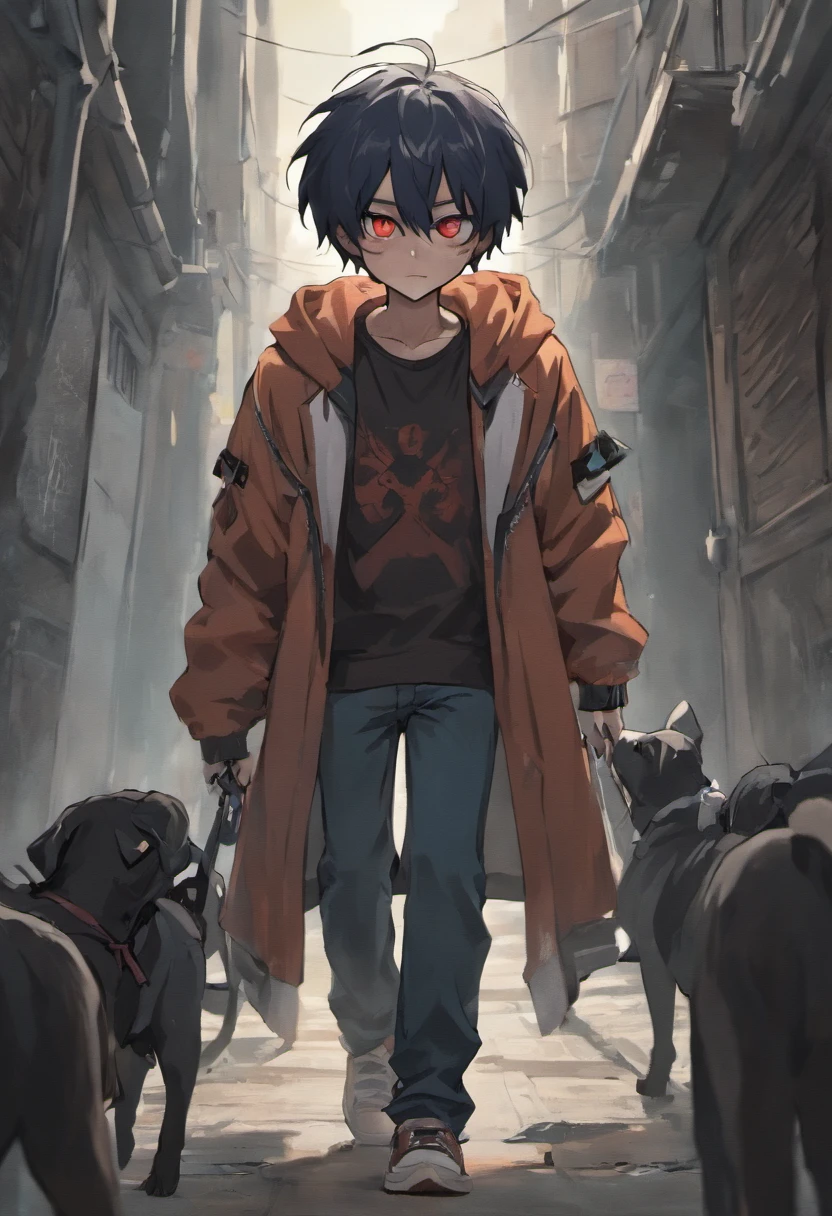 This 19-year-old character has a disturbing and fearful appearance. has brown hair, falling in messy locks on his pale, angular face. His eyes are the most noticeable, ya que son de un azul celeste intenso, casi brillantes, que resaltan en contraste con su piel.
His smile is gloomy and disturbing, llena de dientes filosos, who appear to be more numerous and sharper than normal. Esto le da un aspecto siniestro y amenazador. Viste una sudadera gris, desgastada y manchada, that gives it a scruffy air.
En cuanto a su vestimenta inferior, lleva unos pantalones de mezclilla azul, which also appear to be worn and stained. Sus tenis son negros y desgastados, reflejando la falta de cuidado en su apariencia general.
En su mano, este personaje sostiene un machete ensangrentado, lo que implica un pasado violento o un comportamiento peligroso. Este detalle agrega un elemento adicional de horror y amenaza a su imagen. Furthermore, He is accompanied by 2 black dogs, cuyos ojos son de un rojo intenso y penetrante. These dogs seem to be under his control and stay close to him, increasing the sense of danger and evil surrounding the character.
Esta escena tiene lugar en una calle solitaria durante la noche, lo que crea un ambiente de suspense y misterio. The combination of the character's gloomy appearance, the bloody machete and red-eyed dogs generate a disturbing atmosphere typical of the world of Creepypastas.