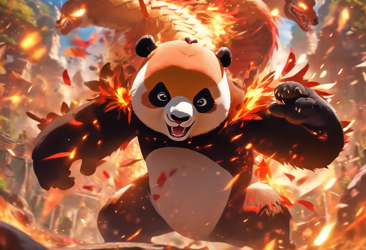 ３Whole body panda fights dragon，Has big eyes，Blushlush，lazy，greet, 。.。.。.3D, 4K
