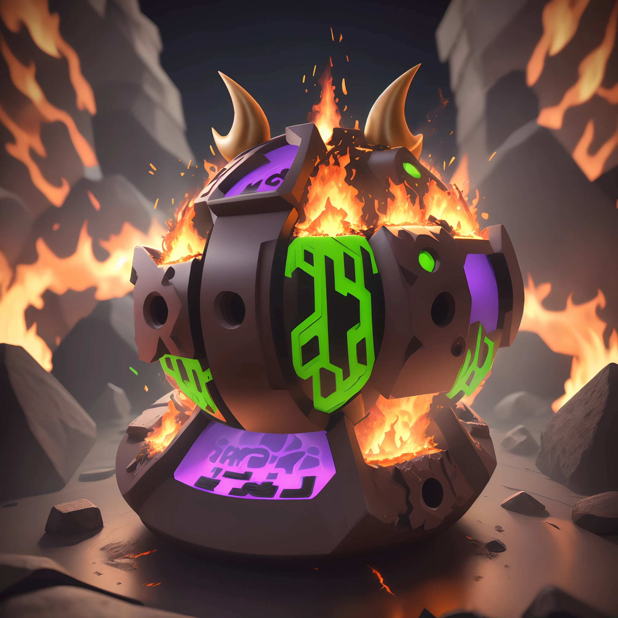 strong, bold, iron or metal looking font reading "DJ Majestik" in a round Emote, engulfed in flames,
Lime green and Purple colors, Stone Cracking as claws break through, horns emerging through the flames 8k 3d render
High quality with no background,
conceptual art, 3d render, vibrant