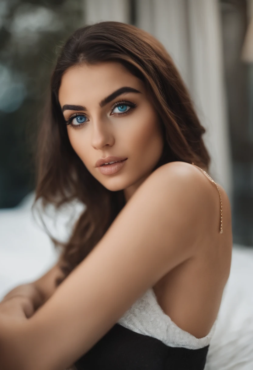 Arab woman wearing a white tank top and necklace, Chica sexy con ojos azules, arabic, Retrato Sophie Mudd, brown hair and large eyes, selfie de una mujer joven, Camera eyes, Violeta Myers, Sin maquillaje, Maquillaje natural, staring directly into camera, Cara con Artgram, Maquillaje sutil, Gran foto de cuerpo entero, penetrantes ojos azules,Completely naked show her