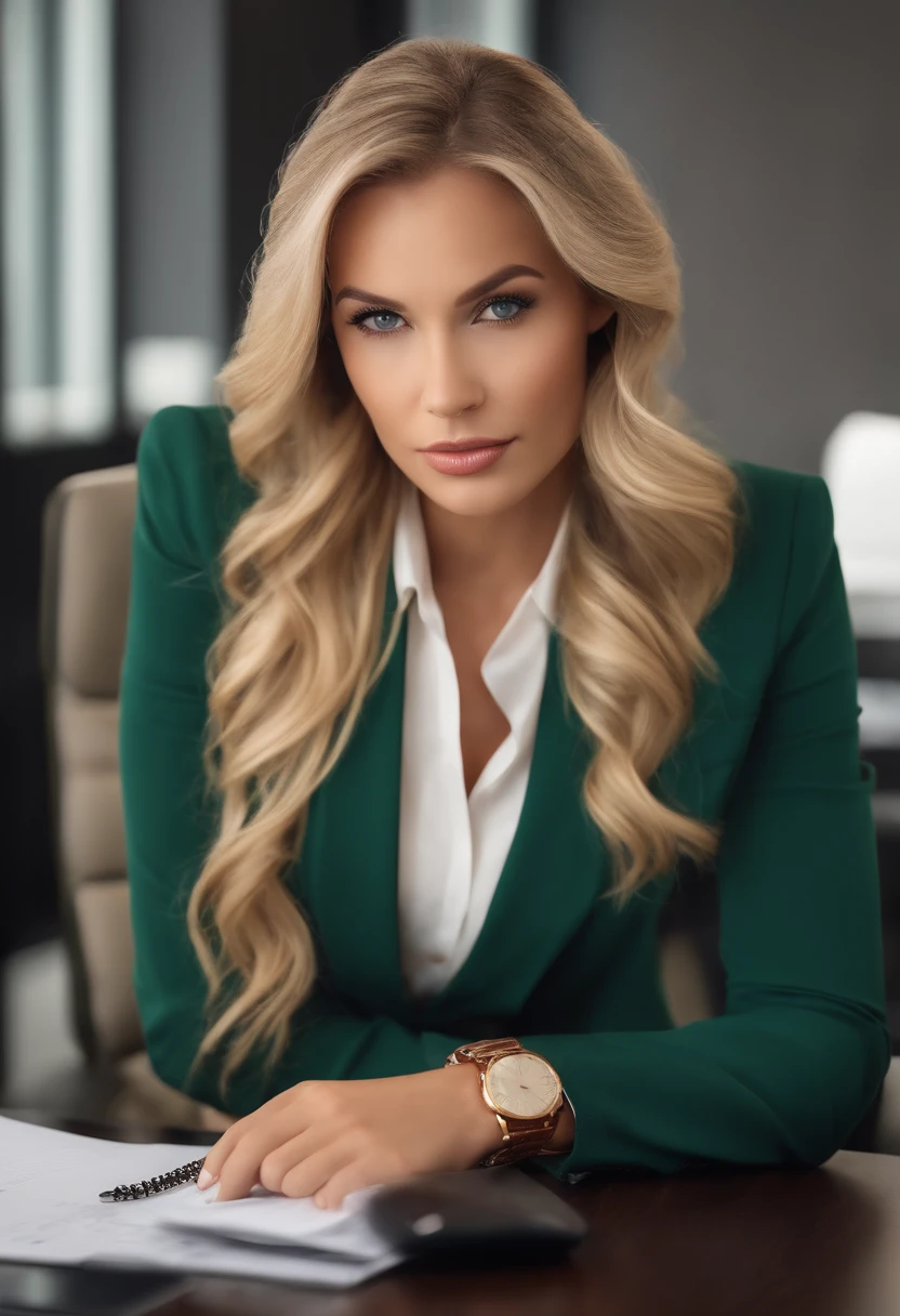 professional, (4k photo:1.1), (Sharp focus:1.3), high detail, wearing trendy business clothes, beautiful detailed face, hazel eyes, blonde hair, body shape, office board room with desk