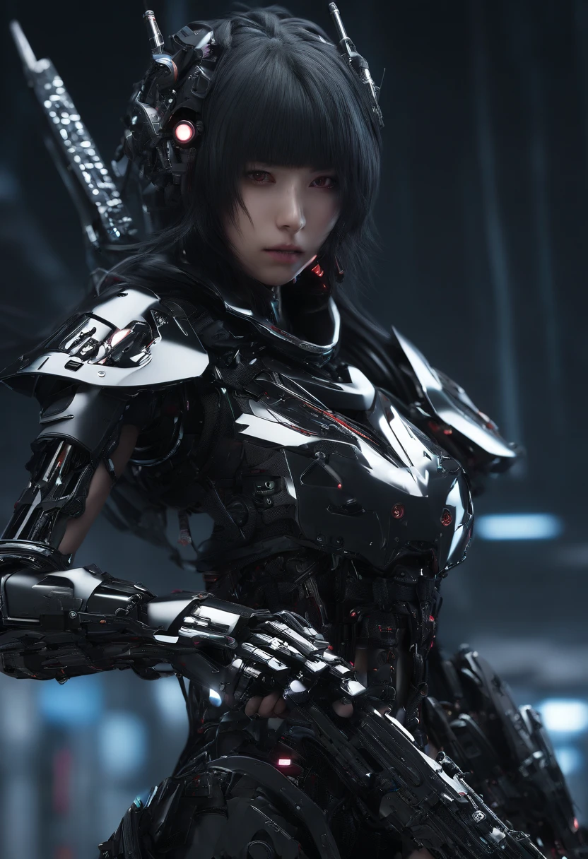 (RAW photo, 4k, realistic, exquisitely detailed skin),masterpiece,best quality,official art,unity 8k wallpaper,ultra detailed,dark scene,low key,soft lighting,cinematic look,high saturation,best anatomy,volumetric fog,a samurai girl,slim body,Perfect hands,cowboy shot,1girl,weapon,sword,long hair,black hair,holding,solo,holding weapon,blood,holding sword,arm guards,simple background,blood on weapon,looking at viewer,black eyes,tabi,floating hair,Look from the bottom up,