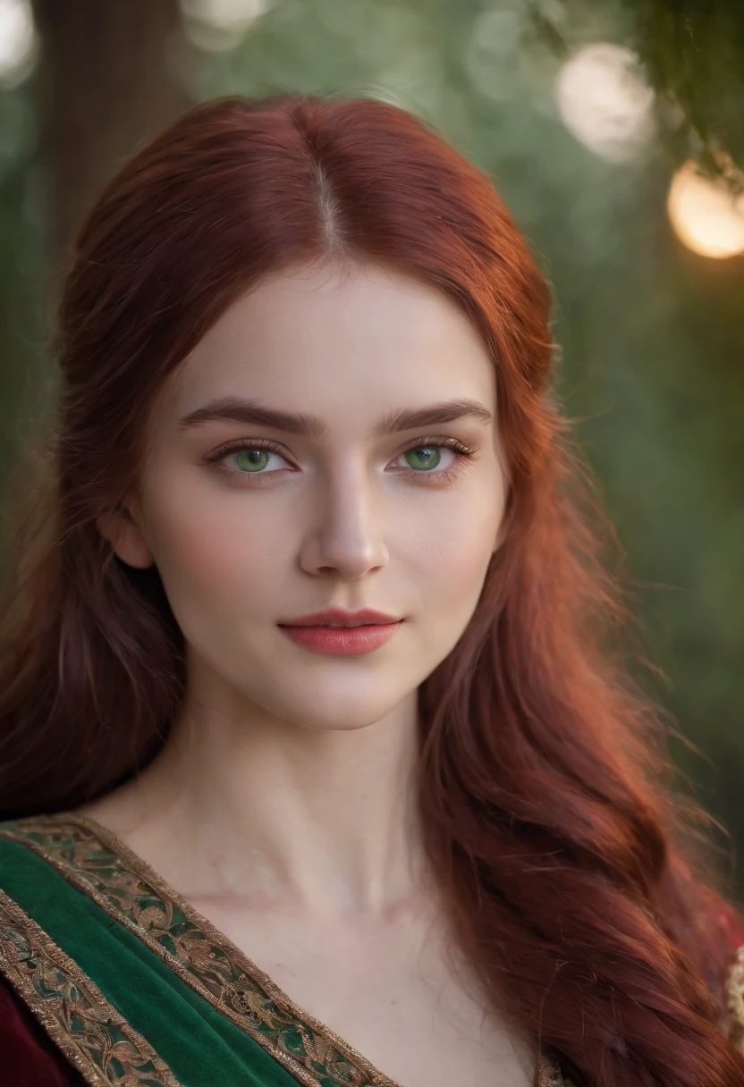 (((a deep reddish scar crosses her left cheek))) fair complexion, woman around 19 years old, natural white hair, distinctive green eyes, wearing kohl, slender and graceful, beautiful, candlelight in a medieval setting, large smile,ultra sharp focus, realistic shot, medieval female clothes, tetradic colors (scar:1.4)