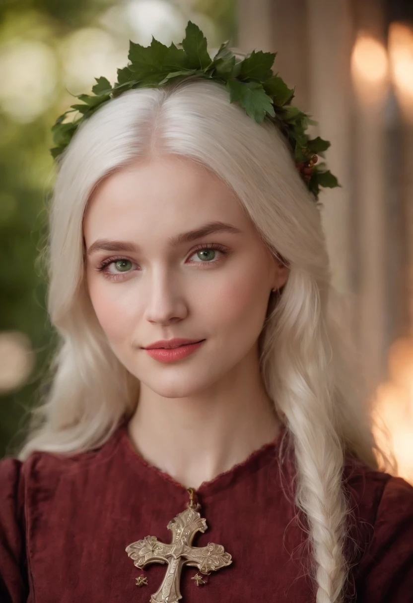 (((a deep reddish scar crosses her left cheek))) fair complexion, woman around 19 years old, natural white hair, distinctive green eyes, wearing kohl, slender and graceful, beautiful, candlelight in a medieval setting, large smile,ultra sharp focus, realistic shot, medieval female clothes, tetradic colors (scar:1.4)