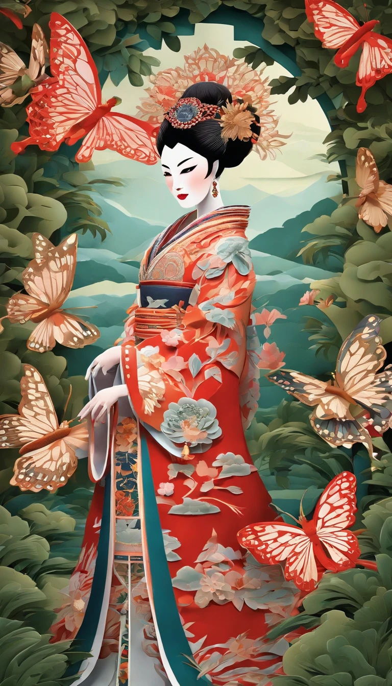 A woman dressed in a Peking Opera costume, Butterflies in the garden, Detailed environment, (Best quality, Ultra-detailed, Realistic:1.37), Vivid colors, Soft lighting, Oil painting style