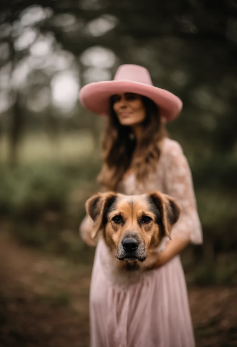 Make a female dog that weighs 1kg, and Golddust Yorkshire breed, wearing an embroidered pink lace hat and holding a large paper in front of her body, com as duas patas dianteiras