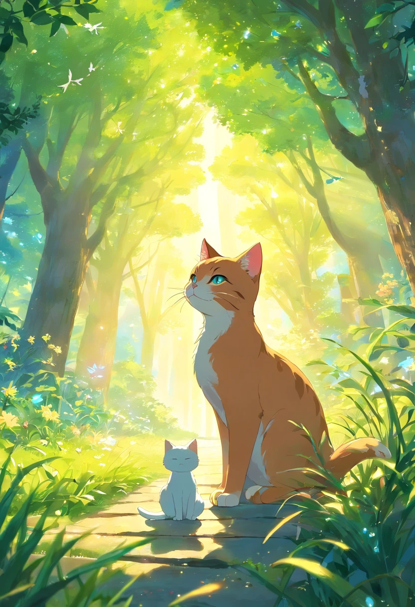 "Conceive an RPG adventure scene of mythological proportions: Em um reino de pura magia e maravilhas, An adventurous cat of fearless soul embarks on a transcendental journey through an endless expanse of perfectly detailed lawns, where every blade of grass is a work of art and the dewdrops shine like captured shooting stars. This cat is not only cute; he personifies the very essence of greatness, An authentic masterpiece that challenges the limits of reality and imagination. The aura emanated by this feline hero transcends any description, filling the scene with an overwhelming sense of pure happiness and vitality, as if life itself blossomed in his presence. Num reino exuberante da natureza, He is an incarnate deity, an intrinsic and majestic part of this magical realm, an embodiment of the splendor that surrounds him. There are no traces of humans, apenas o gato aventureiro, The very incarnation of life, and the traced lights that give this RPG scene unparalleled magic, A true magical epic that surpasses any frontier of the imagination."