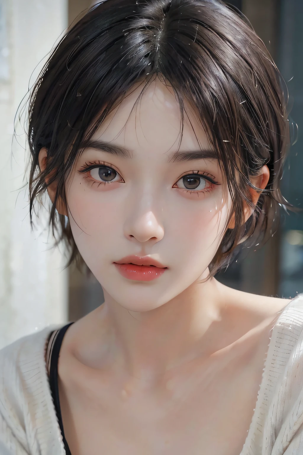 (masterpiece:1.3), (8k, photorealistic, RAW photo, best quality: 1.4), (1girl), beautiful face, (realistic face), (black hair, short hair:1.3), beautiful hairstyle, realistic eyes, beautiful detailed eyes, (realistic skin), beautiful skin, (sweater), absurdres, attractive, ultra high res, ultra realistic, highly detailed, golden ratio